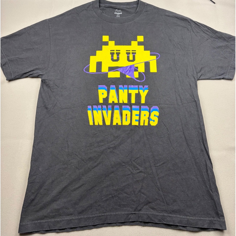 Flud Panty Invaders Graphic T-Shirt Mens Large Black Retro Gaming Parody Tee